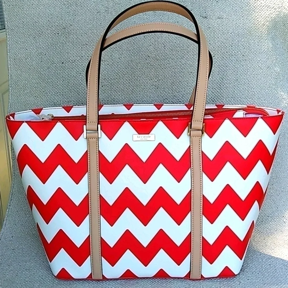 Kate Spade South of Border Medium Harmony Chevron Red and White Tote Bag